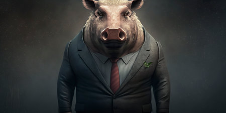 Businessman with a piggy head as a symbol of the year 2019の素材