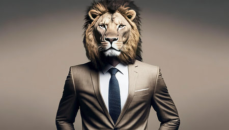 Portrait of a lion in a business suit with a tie.の素材