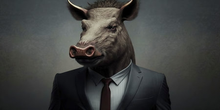 Businessman with a pig's head on a dark background. Business conceptの素材