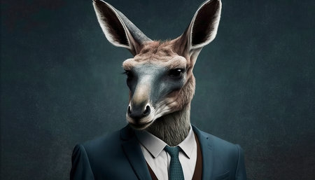 Funny kangaroo in suit and tie on dark background. Mixed mediaの素材