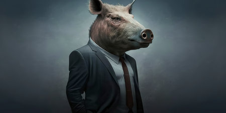 Portrait of a pig in a business suit on a dark backgroundの素材