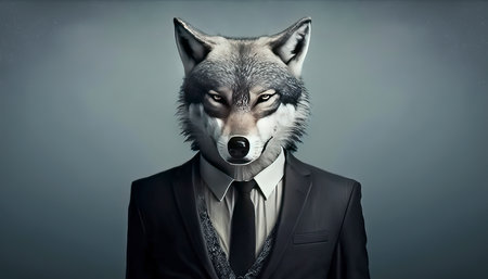 Portrait of a wolf in a suit and tie on a dark backgroundの素材