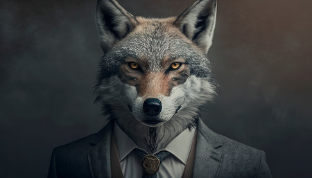 Portrait of a fox in a suit and tie on a dark backgroundの素材