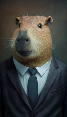 Capybara in a suit and tie on a dark background.の素材