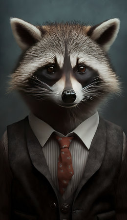 Portrait of a raccoon in a suit and tie on a dark backgroundの素材