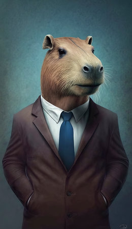 Businessman in suit and tie with horse head on dark blue backgroundの素材