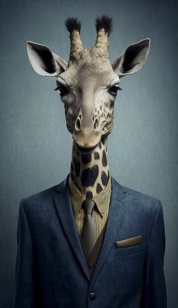 Funny giraffe head in suit and tie on grey background.の素材