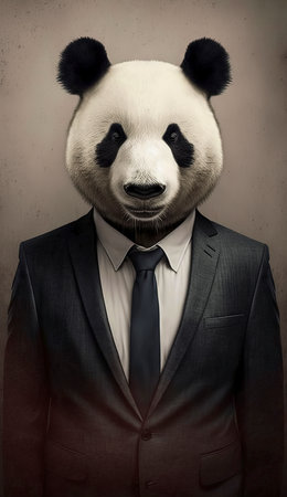 Portrait of a panda in a suit and tie on grunge backgroundの素材