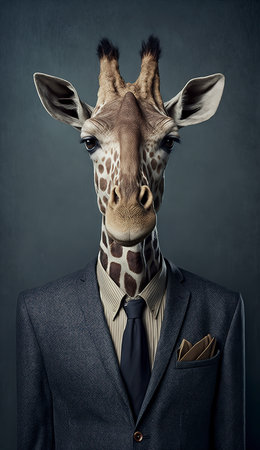 Funny giraffe in suit and tie looking at camera on dark backgroundの素材