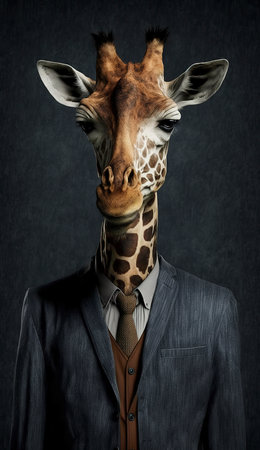 Giraffe head in suit and tie on dark background. Business conceptの素材