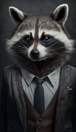 Portrait of a raccoon in a suit and tie on a dark backgroundの素材