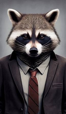 Portrait of a raccoon in a suit and tie. Studio shot.の素材