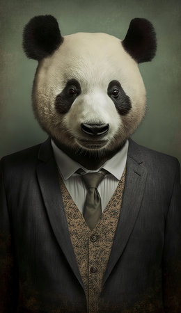 Retro style portrait of a panda in a suit and tieの素材