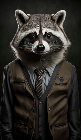 Portrait of a raccoon in a suit and tie on a dark backgroundの素材