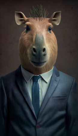 Businessman with a horse head in a suit on a brown backgroundの素材