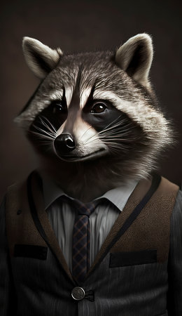 Portrait of a raccoon in a suit and tie on a dark backgroundの素材