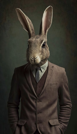 Rabbit in suit and tie on dark background. Retro style.の素材