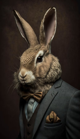 Rabbit in a suit and bow tie on a dark background.の素材