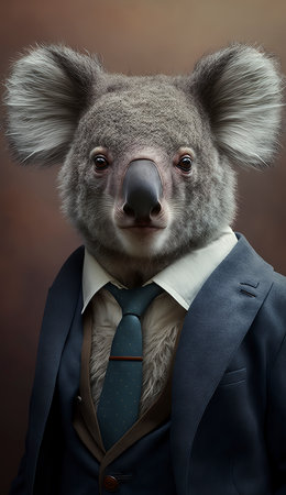 Portrait of a koala in a suit and tie on a brown backgroundの素材