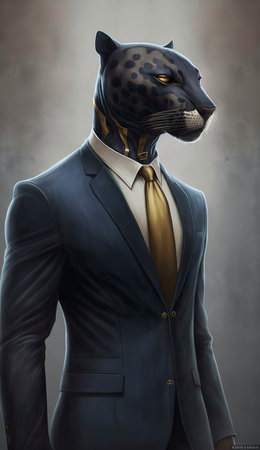 elegant black panther in suit and tie on grey backgroundの素材