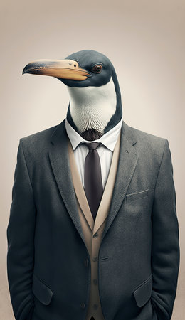 Businessman wearing a penguin head suit and tie. Business concept.の素材