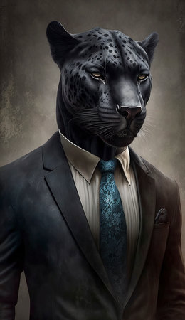 Black panther in suit and tie on grunge background. Mixed mediaの素材