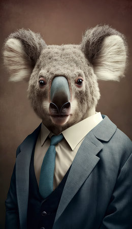 Funny koala in suit and tie. Portrait of funny animalの素材