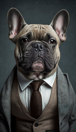 Funny french bulldog dog in suit and tie on dark backgroundの素材