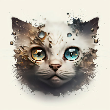 Cute cat face with big eyes and watercolor splashes.の素材