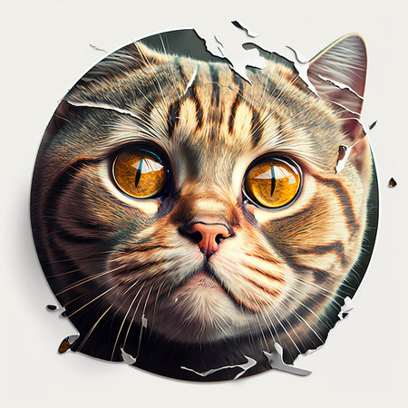 Funny cat looking through hole in paper. Stylized portrait of a cat.の素材