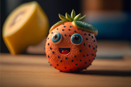 Funny fruit character made of plasticine on a wooden table.の素材