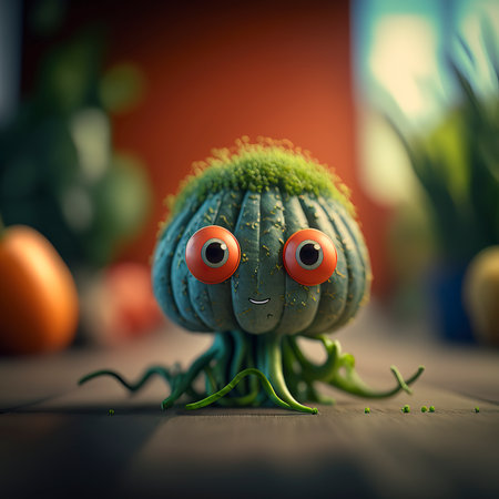 Funny vegetable monster with eyes and mouth. 3d illustration.の素材