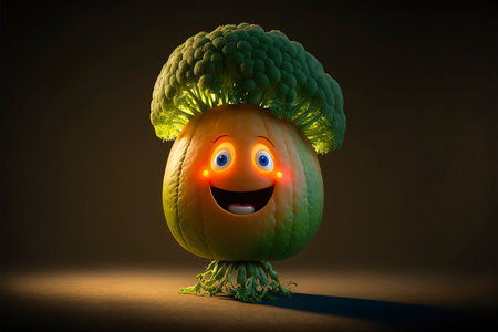 Funny vegetable with green eyes and mouth, 3d render illustrationの素材