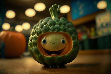 Funny face made of broccoli and pumpkin. 3d rendering.の素材