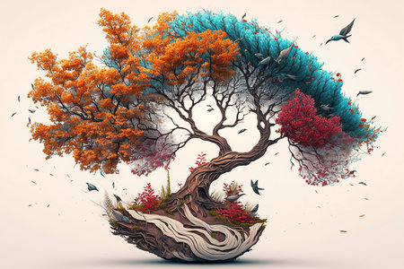 Bonsai tree with birds and autumn leaves, 3d illustrationの素材