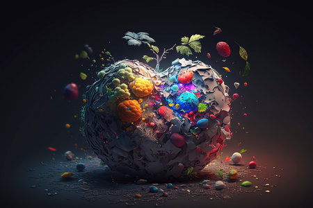 Fractal apple with colorful paint splashes. 3D renderingの素材