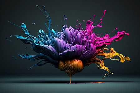3d rendering of colorful paint splashes isolated on black background.の素材