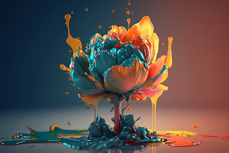 Beautiful colorful paint splashing on a flower. 3d renderingの素材