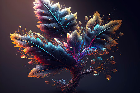 Colorful feathers on dark background. 3d rendering, 3d illustration.の素材