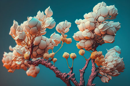 3d rendering of white flowers on blue background. Computer digital drawing.の素材