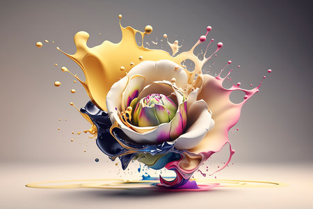 3d render, abstract background with colorful flowers and paint splashesの素材