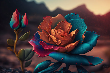 Colorful rose in the desert. 3d illustration. Vintage style.の素材