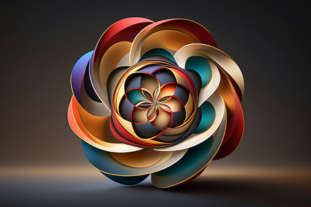 3d illustration of colorful abstract flower on dark background. Geometric design element.の素材