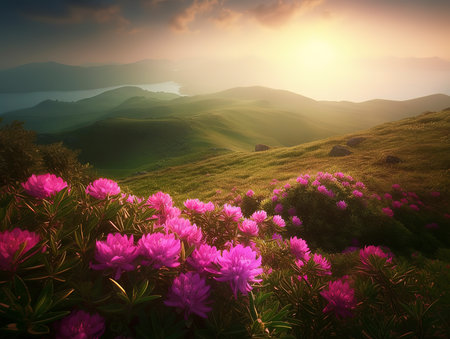 Beautiful landscape with rhododendron flowers in the mountainsの素材