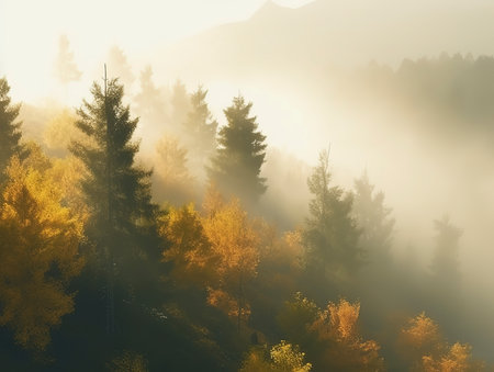 Foggy morning in the coniferous forest. Beautiful autumn landscape.の素材