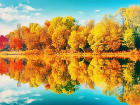 Autumn forest reflected in the lake. Colorful autumn landscape.の素材