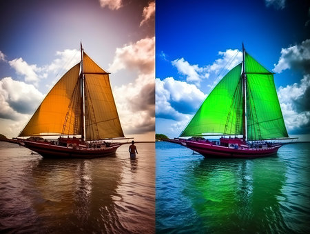 Sailing yacht in the sea at sunset. Photo collage.の素材