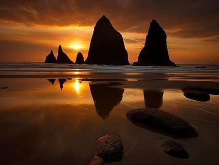 Sunset at Reynisfjara Beach, Iceland, Europe.の素材
