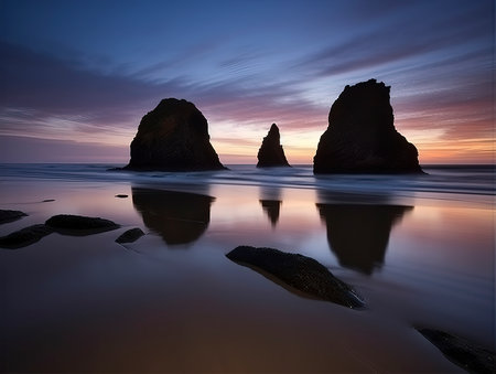 Beautiful seascape with black basalt rocks in the ocean at sunsetの素材