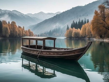 Wooden boat on the lake in autumn. Beautiful mountain landscape.の素材